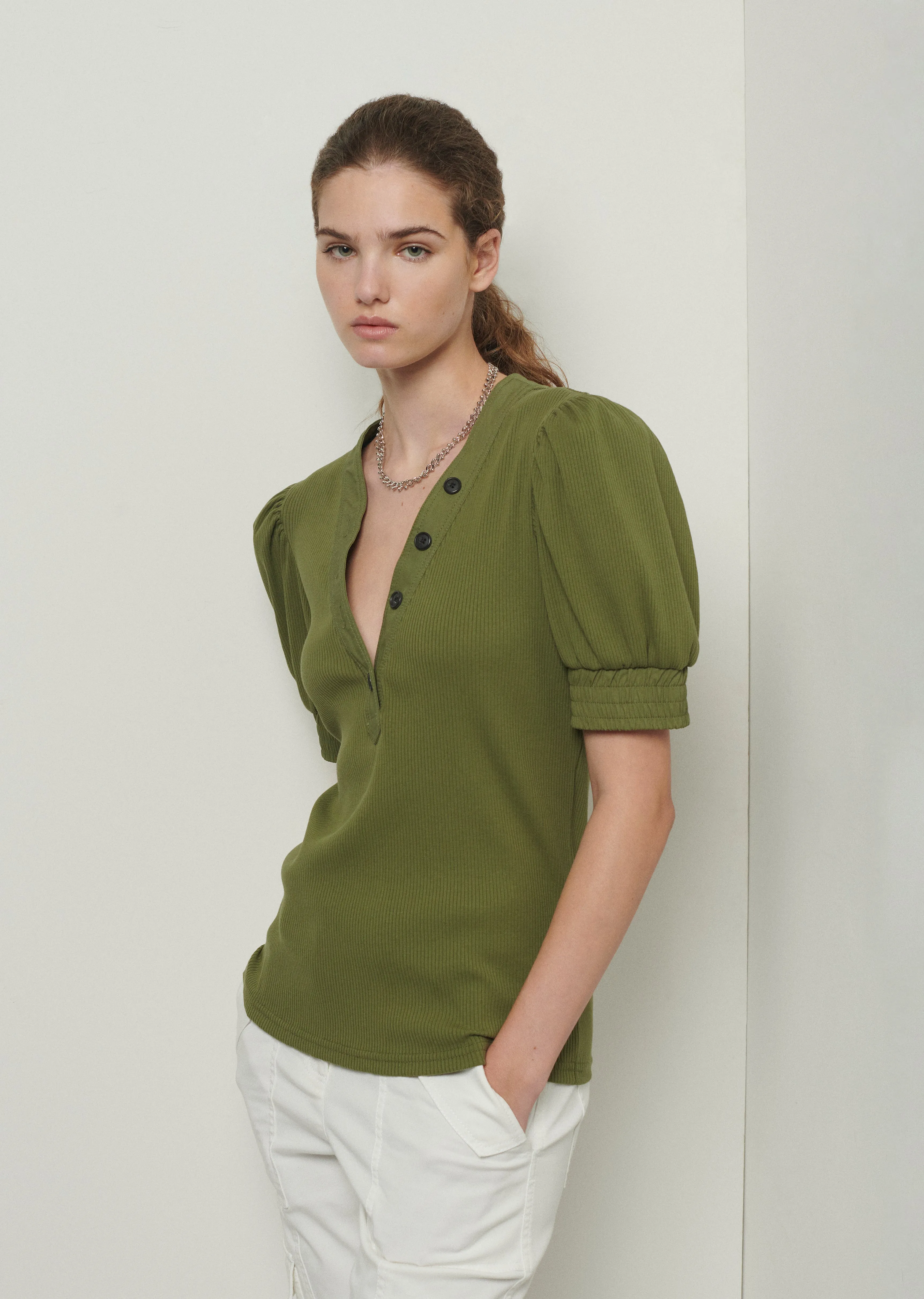 Heather V-Neck Puff Sleeve T-Shirt - Olive