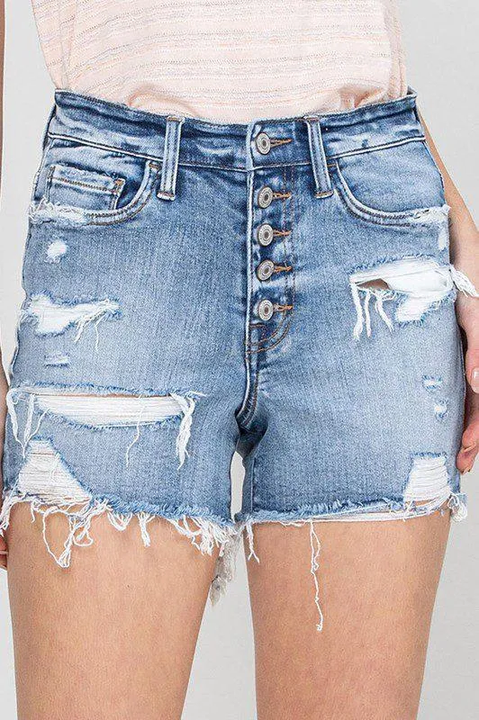High Rise Distressed Denim Shorts Sweet Sea