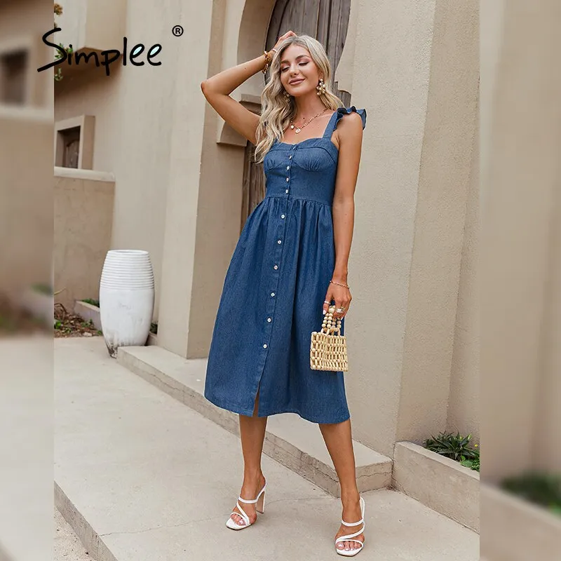 Joskaa Cotton Sleeveless Square Neck Women Dress 2024 Maxi Summer Spaghetti Strap A-line Sundress Casual Button Ruffle Vestidos