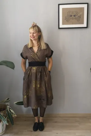 Kimono Transformer Wrap Dress "Diane fon Furstenberg"  with Wide Skirt Detail Made from Hand Printed Lāčplēsene Patterned Sand and Gold Colored Linen
