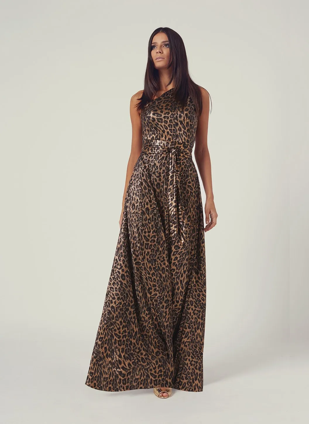 Look 2 One Shoulder Draped Maxi Dress Leopard