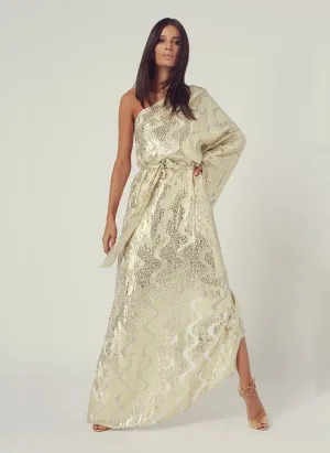Look 6 One Sleeve Belted Maxi Dress Gold Shimmer