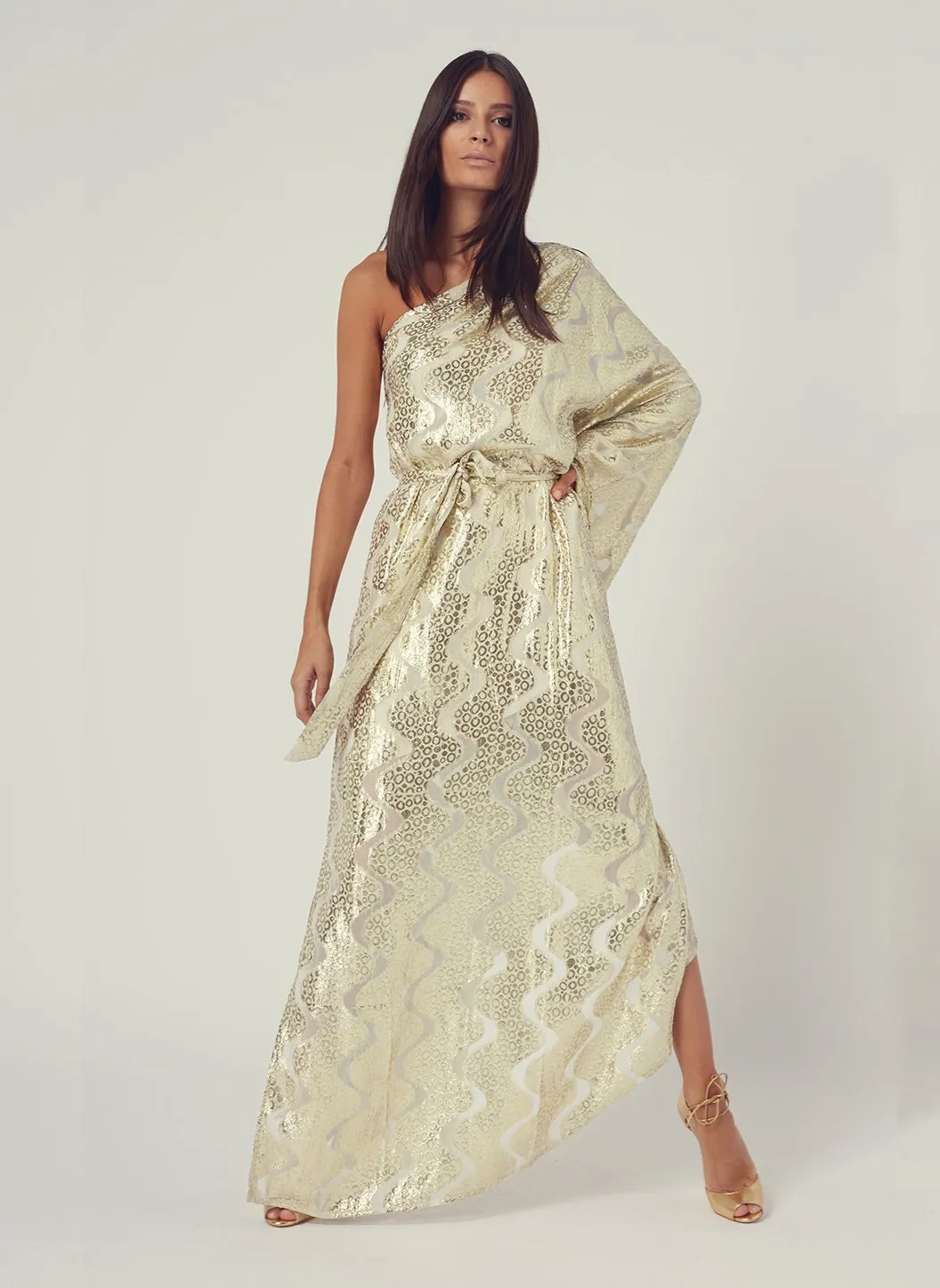 Look 6 One Sleeve Belted Maxi Dress Gold Shimmer