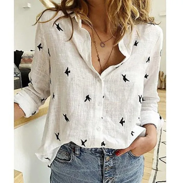LUCKBN Linen Loose Long Sleeve Button-Down Oversized Shirt