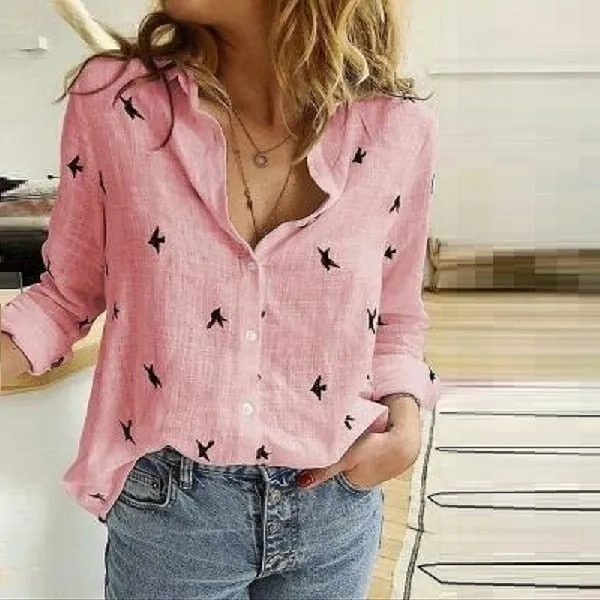 LUCKBN Linen Loose Long Sleeve Button-Down Oversized Shirt