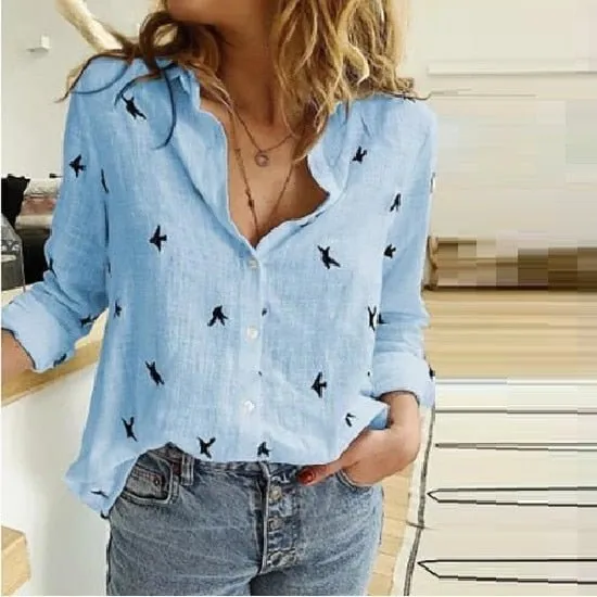 LUCKBN Linen Loose Long Sleeve Button-Down Oversized Shirt