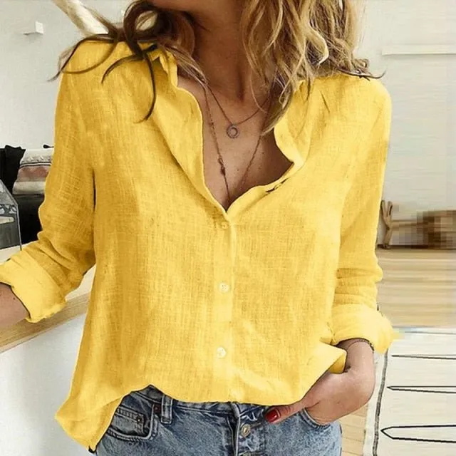 LUCKBN Linen Loose Long Sleeve Button-Down Oversized Shirt