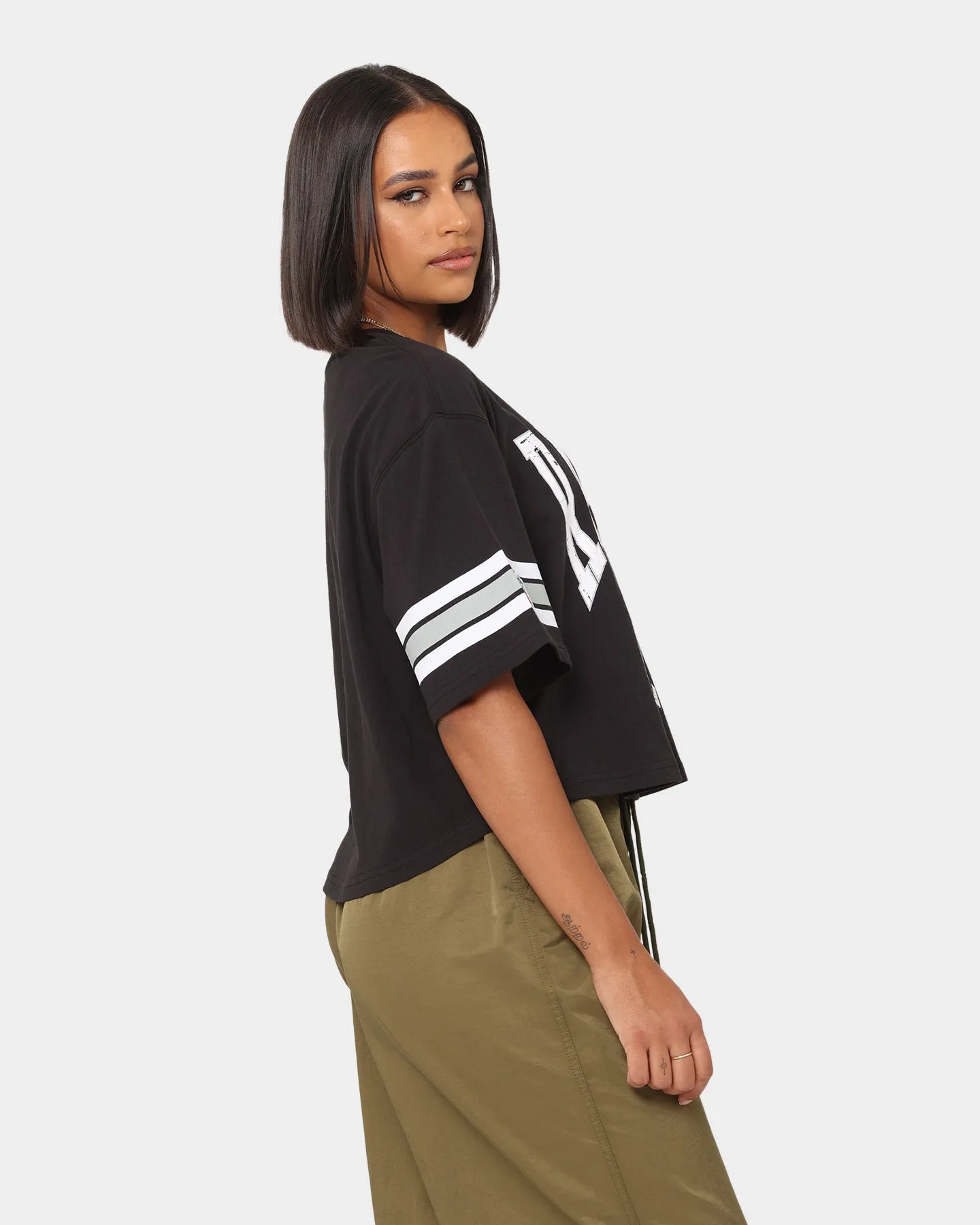 Majestic Athletic Women's Las Vegas Raiders Vintage Oversized Crop T-Shirt Faded Black