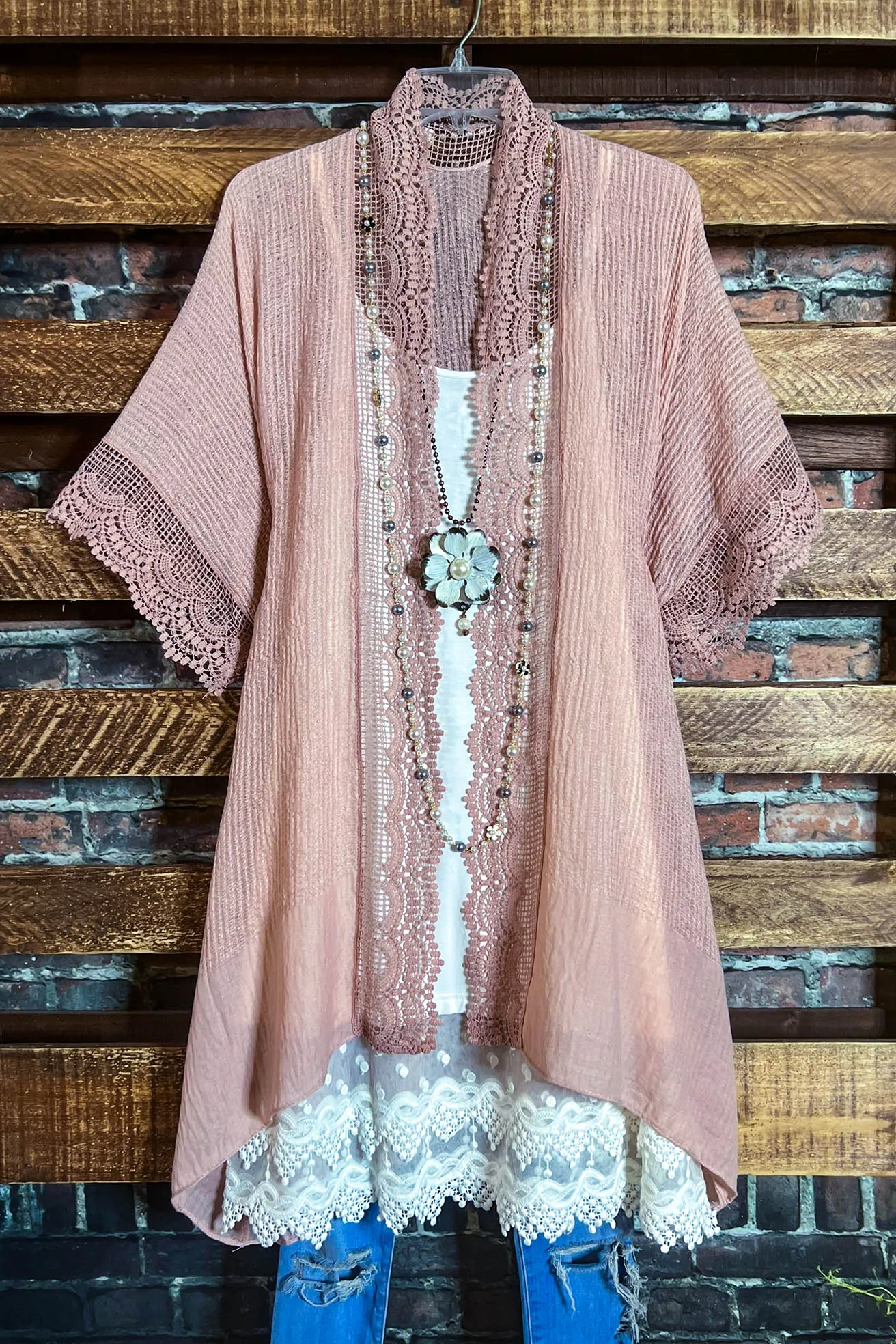 MATTERS OF THE HEART LACE CARDIGAN KIMONO IN VINTAGE ROSE