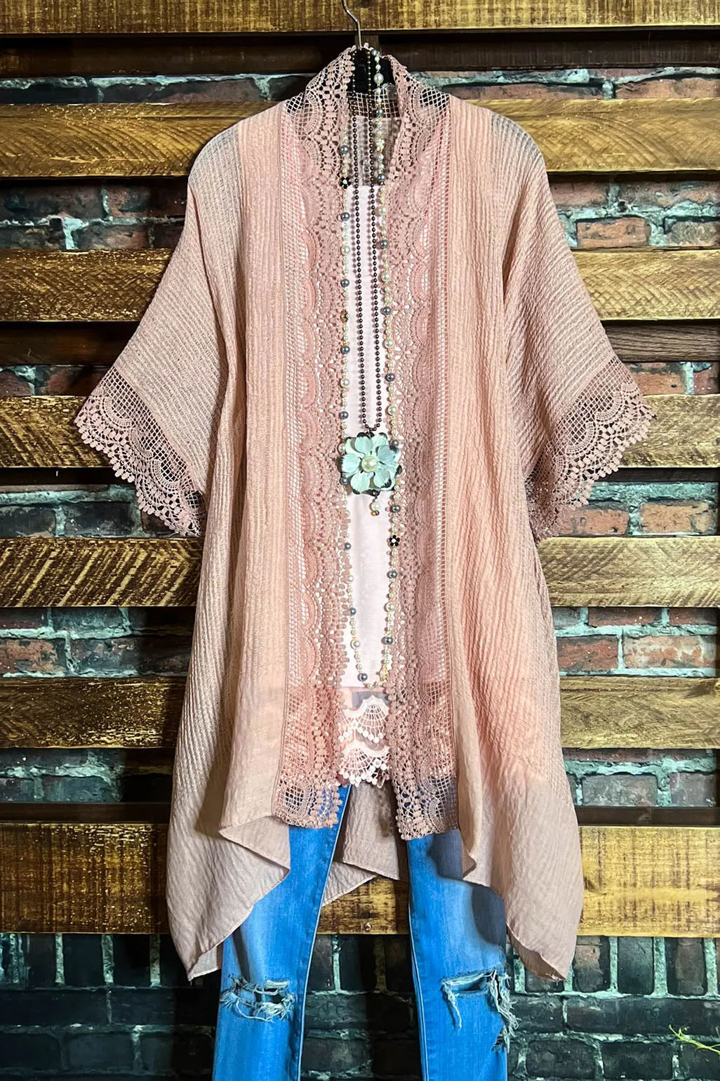 MATTERS OF THE HEART LACE CARDIGAN KIMONO IN VINTAGE ROSE