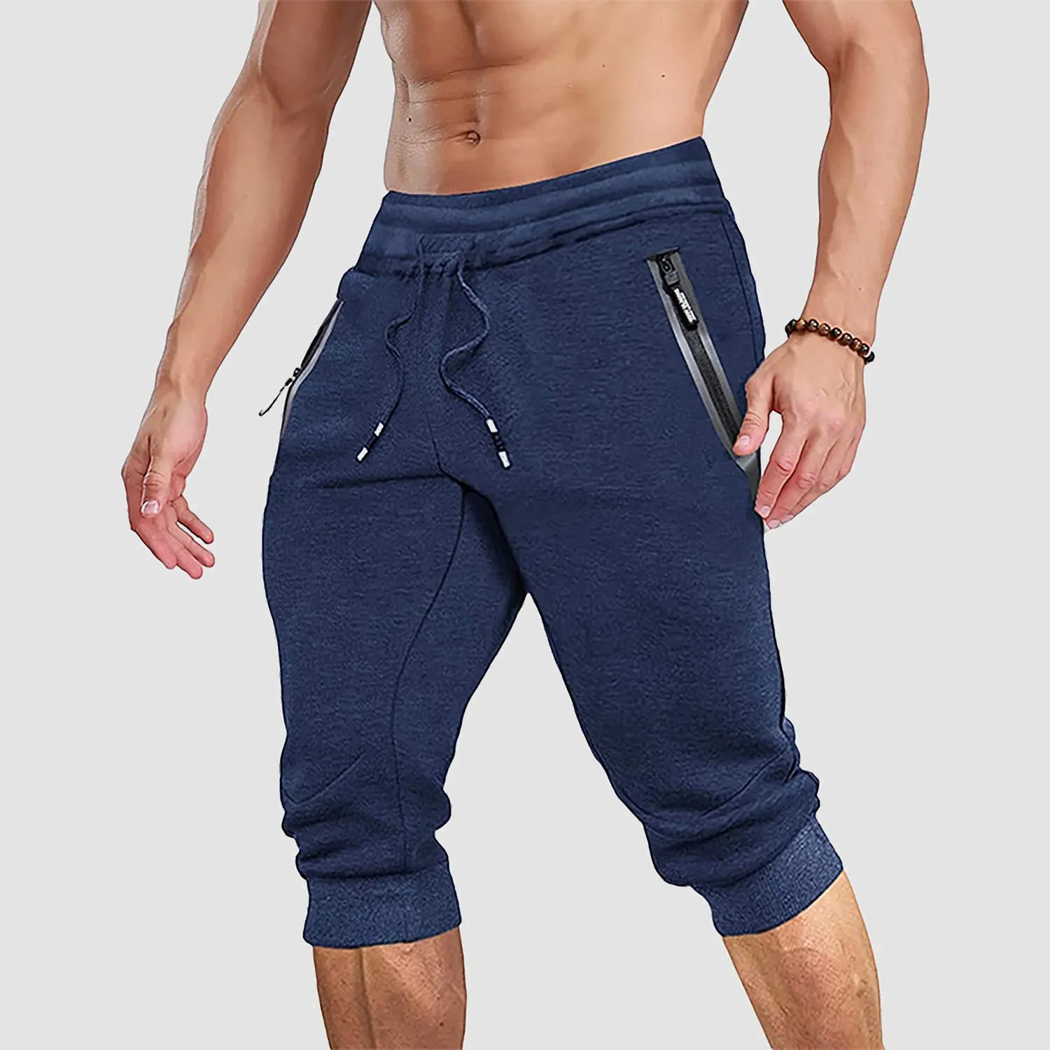 Men's 3/4 Jogger Capri Pants with Zipper Pockets Knee Length Running Training Workout Shorts