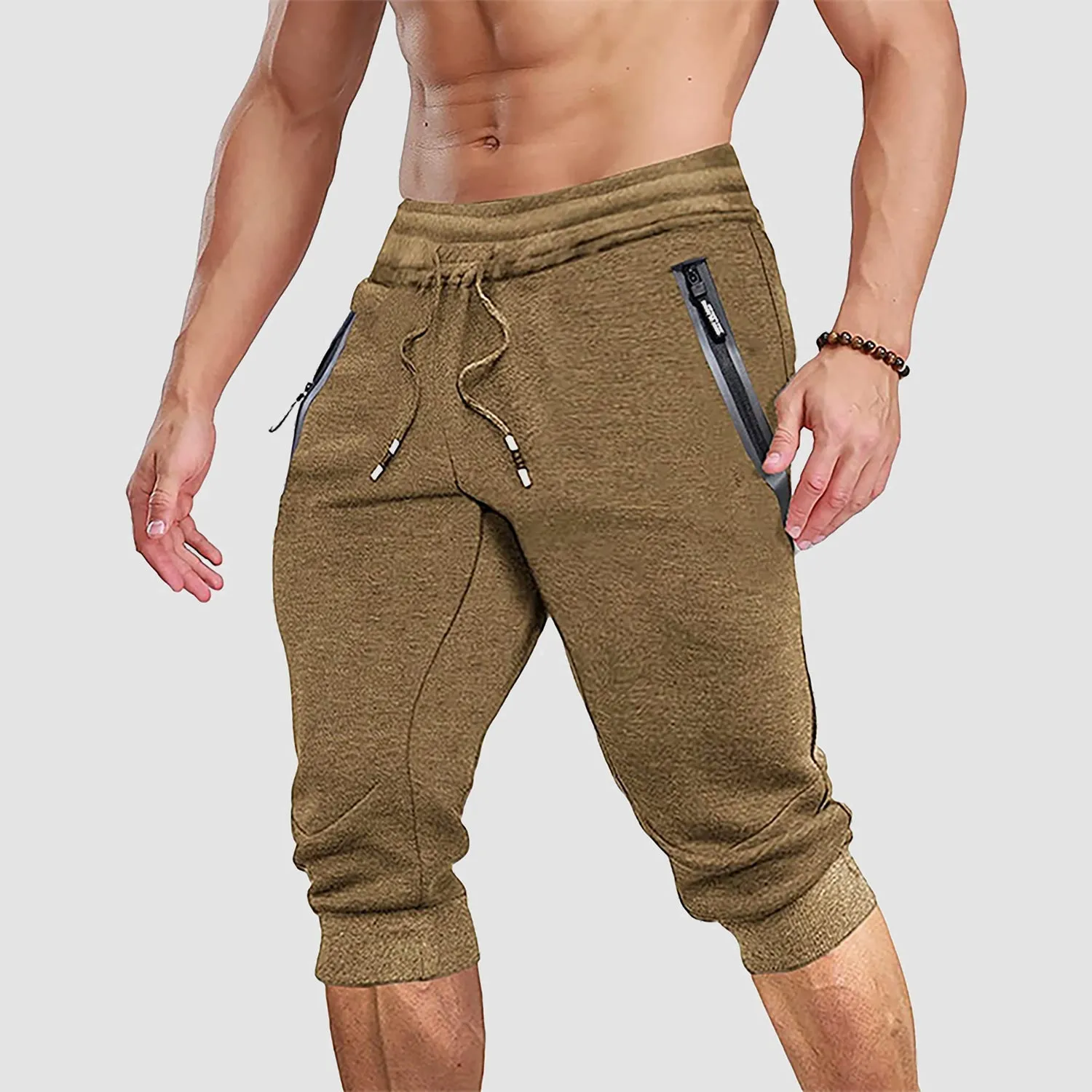 Men's 3/4 Jogger Capri Pants with Zipper Pockets Knee Length Running Training Workout Shorts