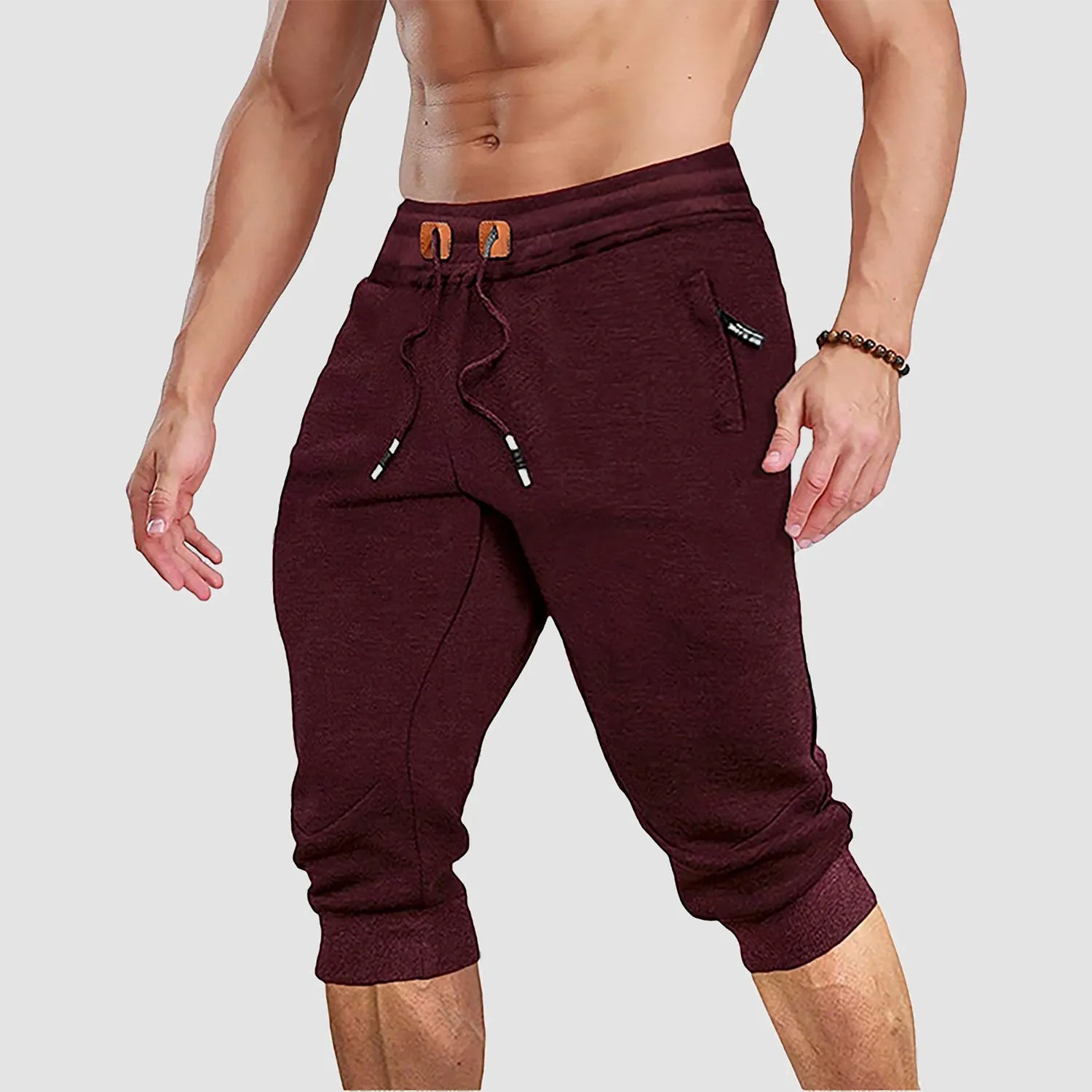 Men's 3/4 Jogger Capri Pants with Zipper Pockets Knee Length Running Training Workout Shorts
