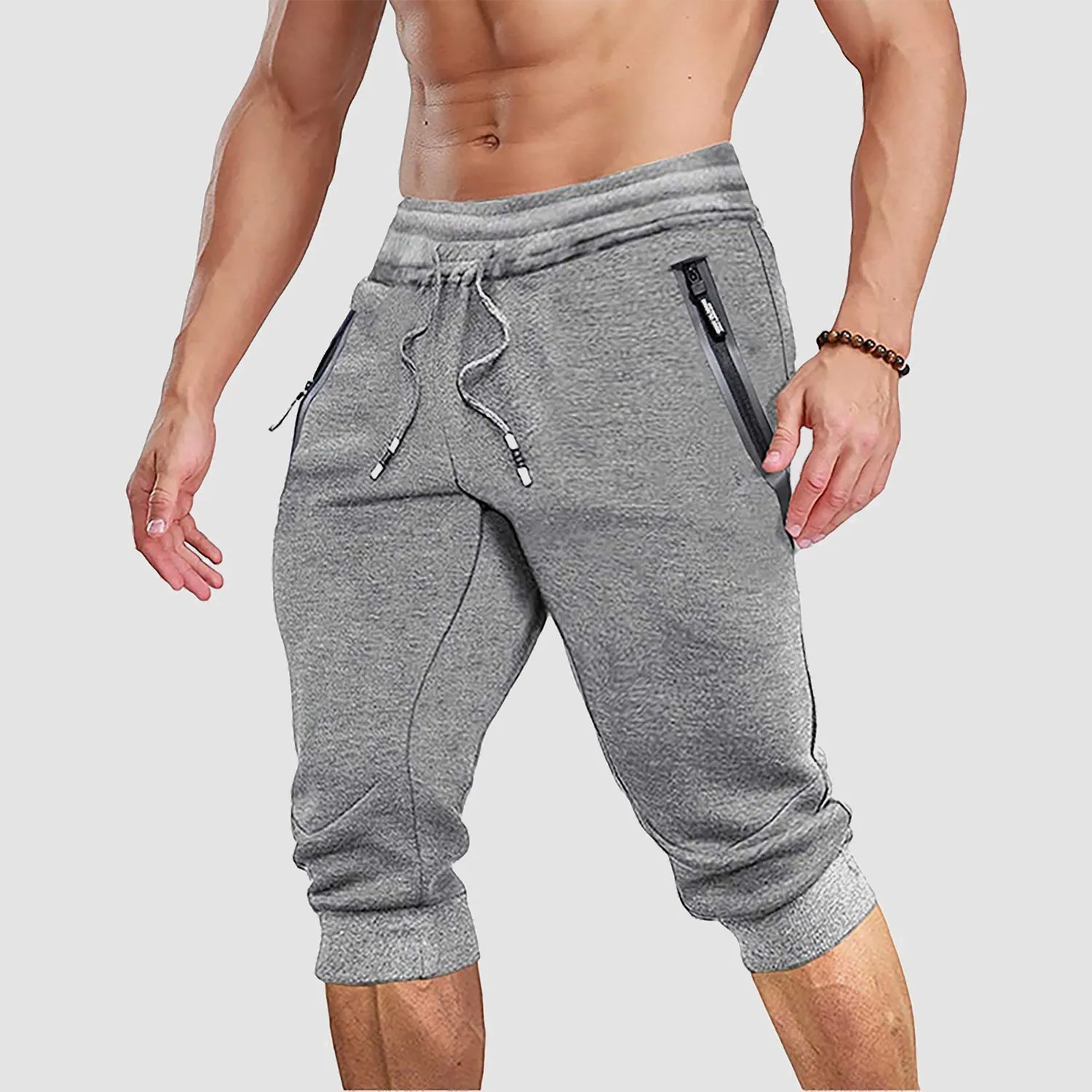 Men's 3/4 Jogger Capri Pants with Zipper Pockets Knee Length Running Training Workout Shorts