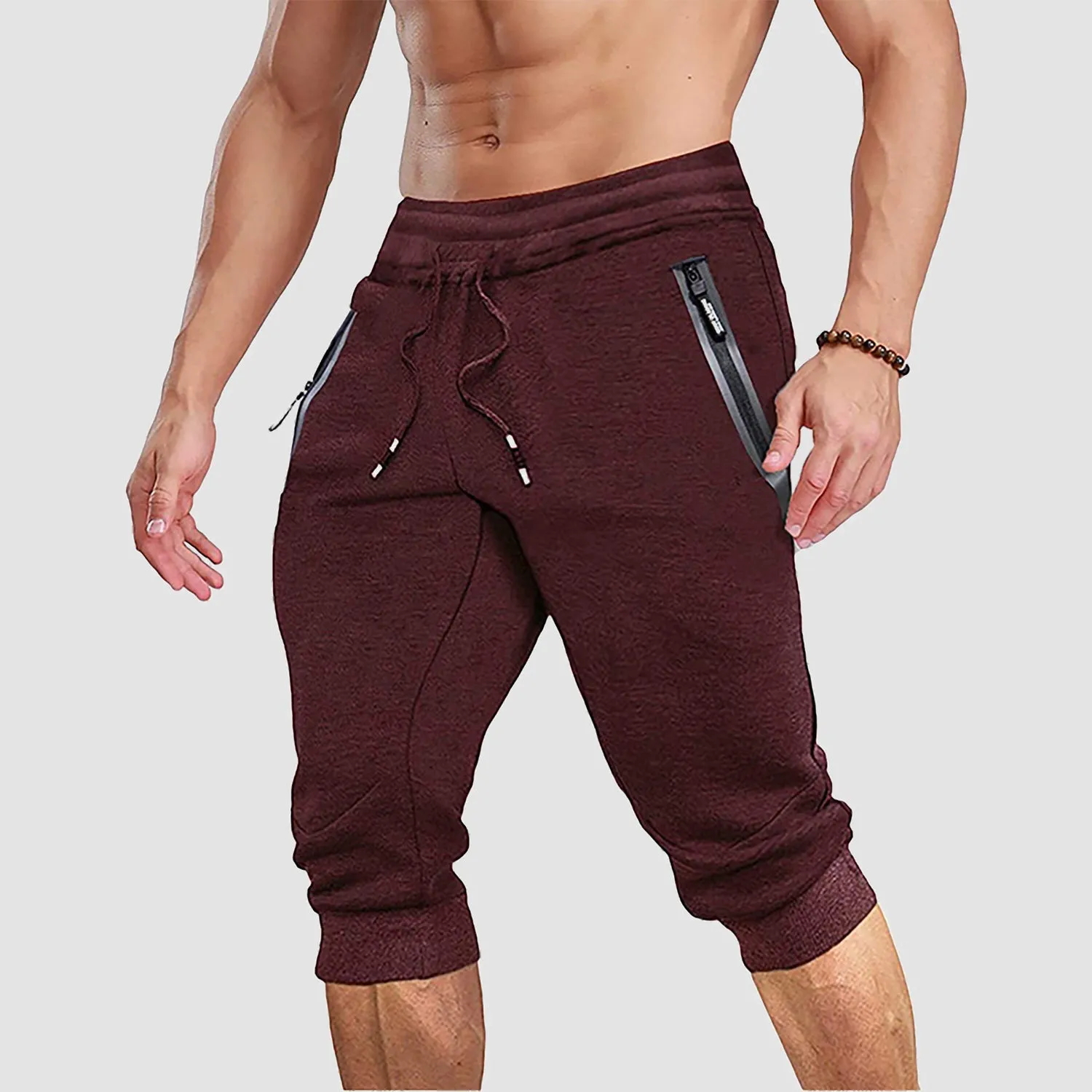 Men's 3/4 Jogger Capri Pants with Zipper Pockets Knee Length Running Training Workout Shorts