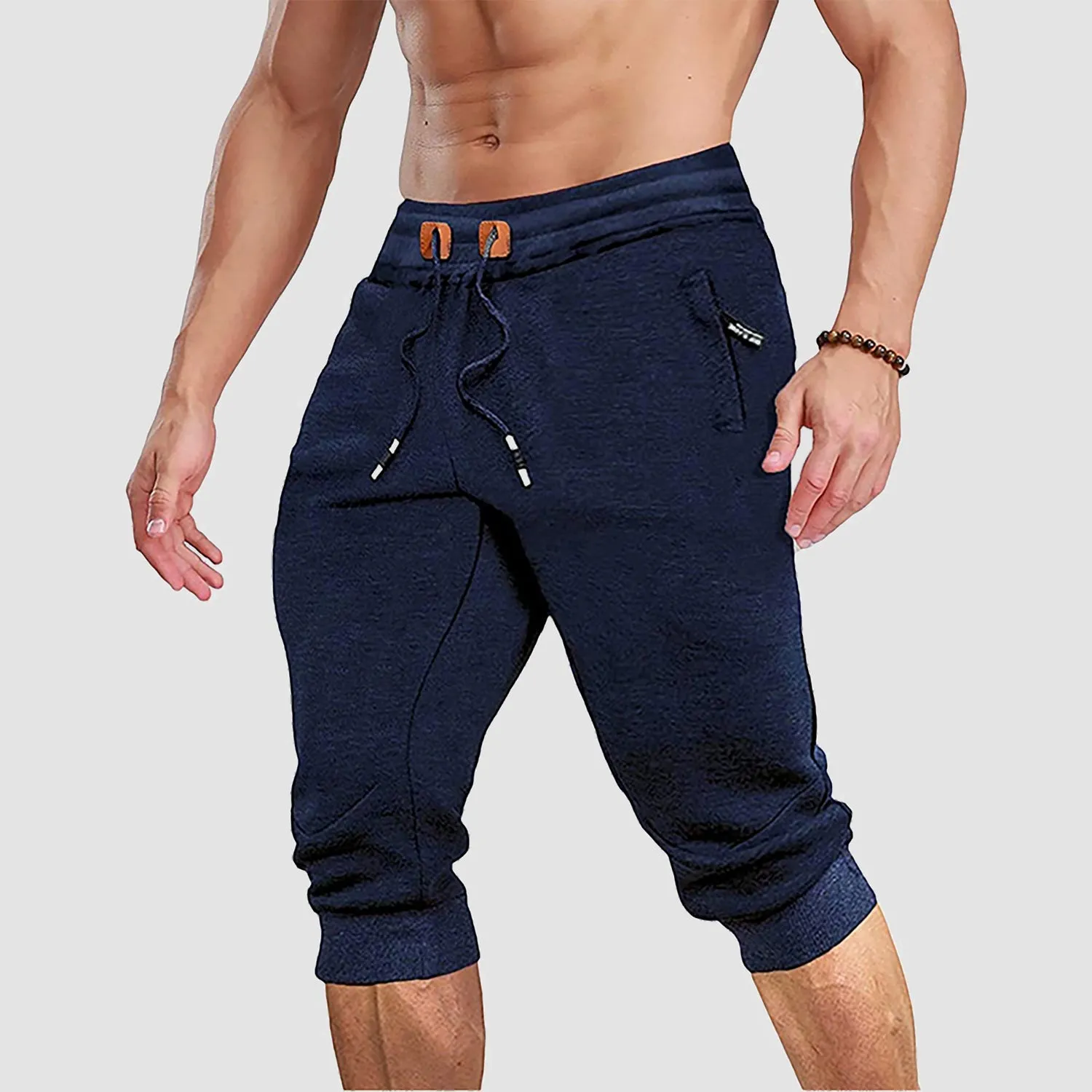Men's 3/4 Jogger Capri Pants with Zipper Pockets Knee Length Running Training Workout Shorts