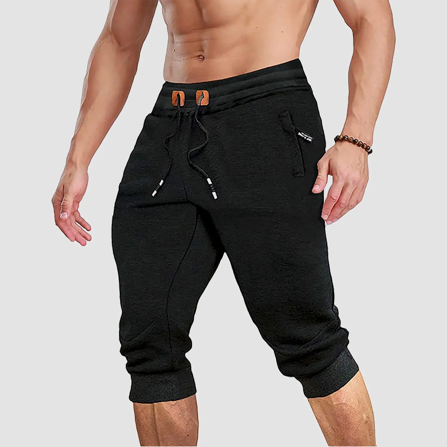 Men's 3/4 Jogger Capri Pants with Zipper Pockets Knee Length Running Training Workout Shorts