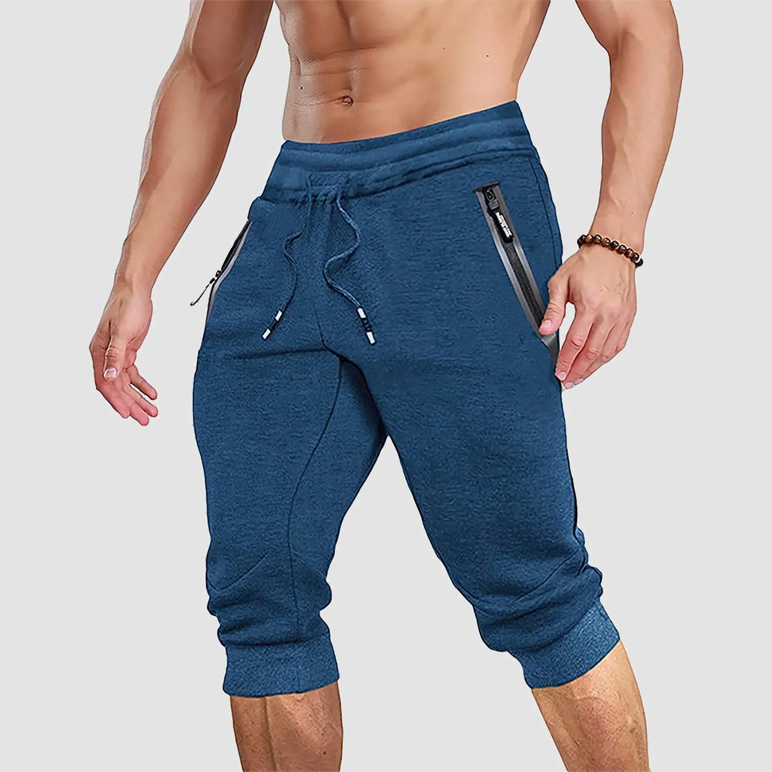 Men's 3/4 Jogger Capri Pants with Zipper Pockets Knee Length Running Training Workout Shorts
