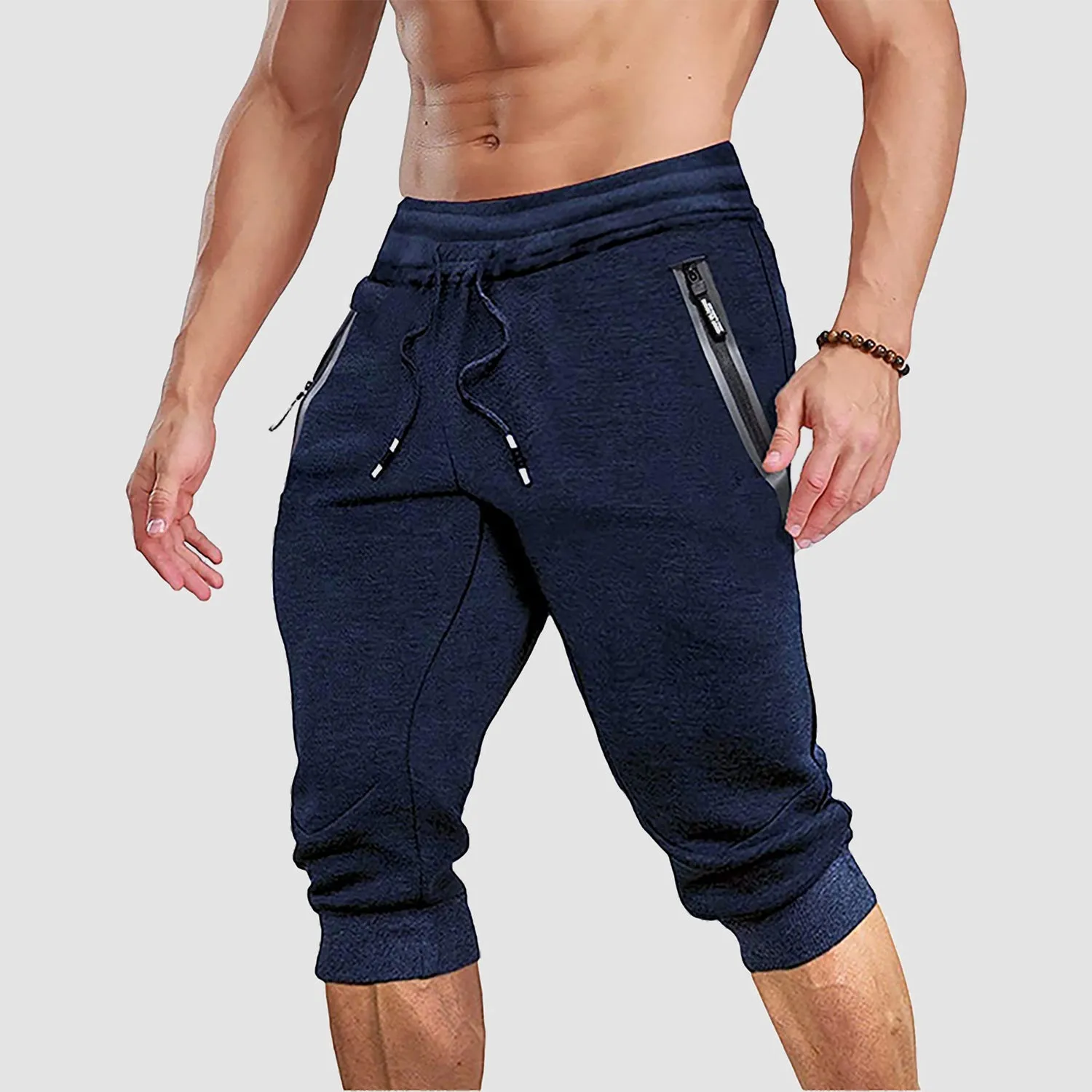 Men's 3/4 Jogger Capri Pants with Zipper Pockets Knee Length Running Training Workout Shorts