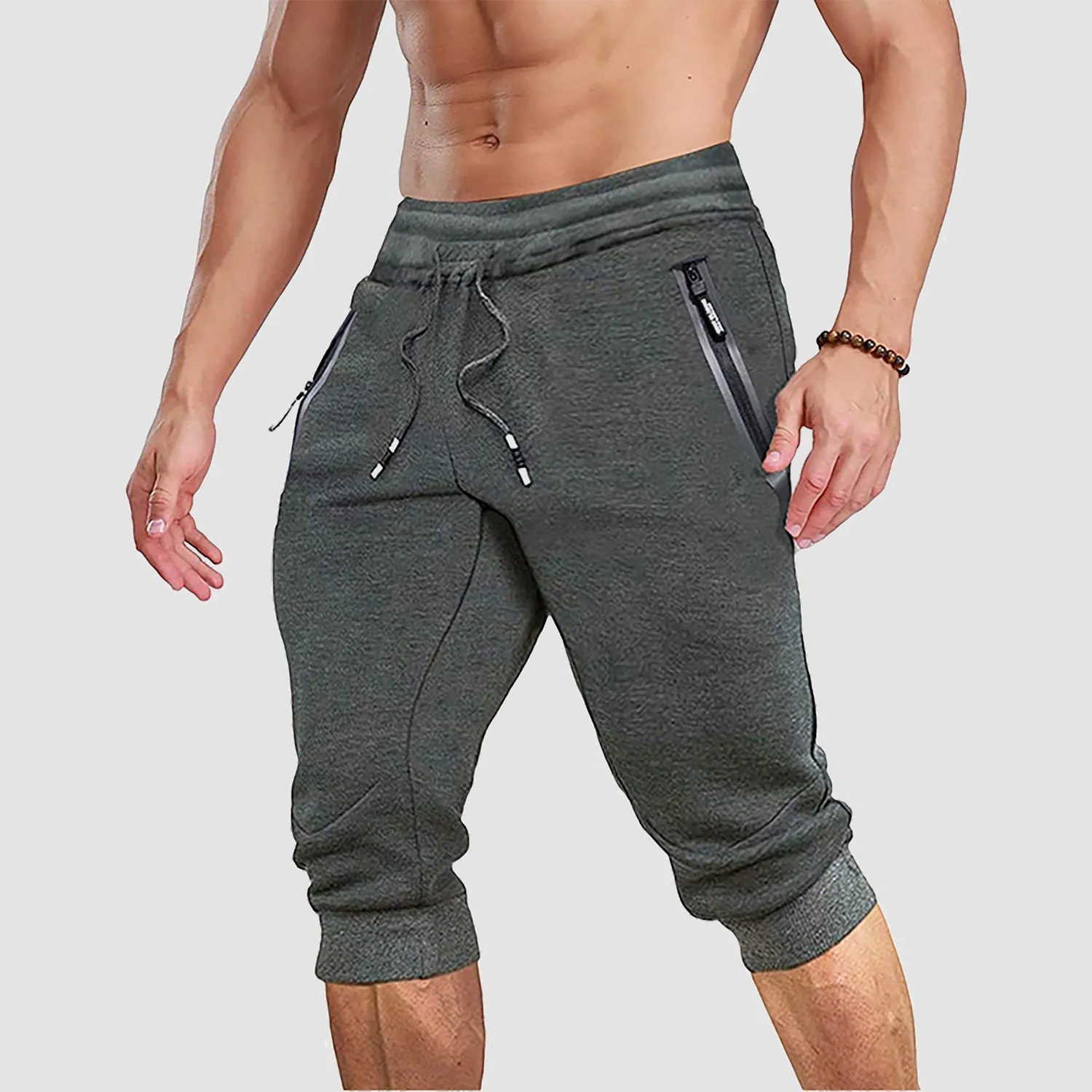 Men's 3/4 Jogger Capri Pants with Zipper Pockets Knee Length Running Training Workout Shorts