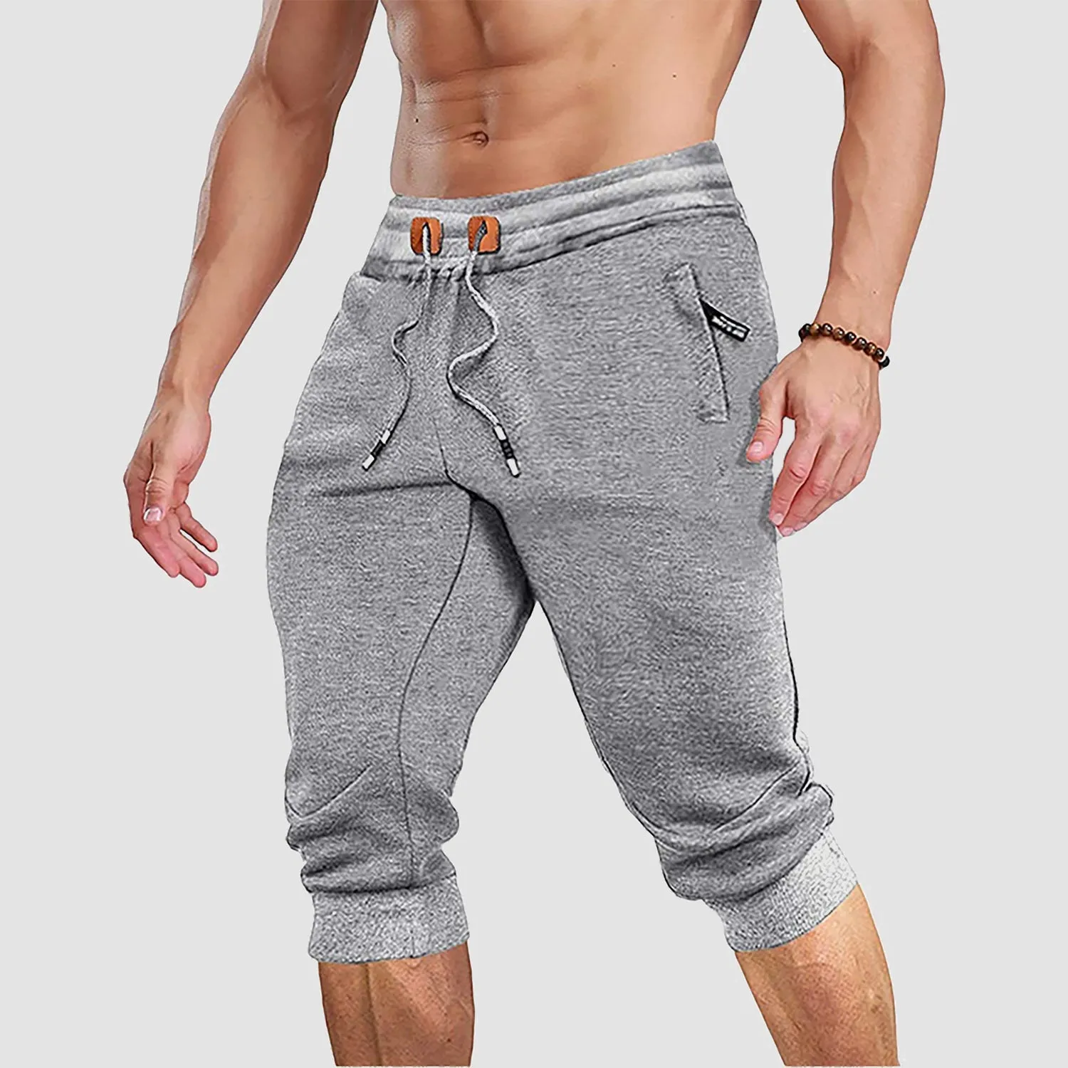 Men's 3/4 Jogger Capri Pants with Zipper Pockets Knee Length Running Training Workout Shorts