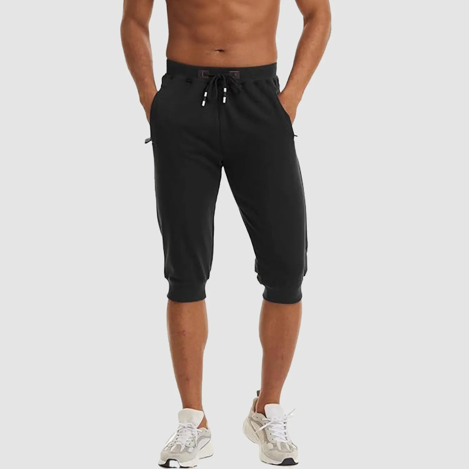 Men's 3/4 Jogger Capri Pants with Zipper Pockets Knee Length Running Training Workout Shorts