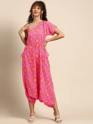 One Shoulder Bandhani Print Dhoti Jumpsuit
