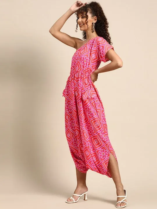 One Shoulder Bandhani Print Dhoti Jumpsuit
