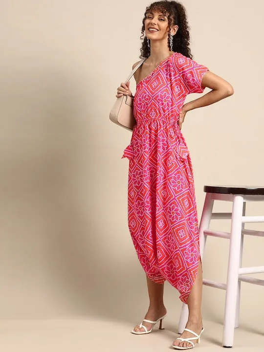 One Shoulder Bandhani Print Dhoti Jumpsuit