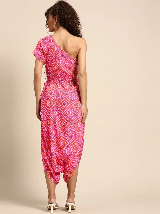 One Shoulder Bandhani Print Dhoti Jumpsuit