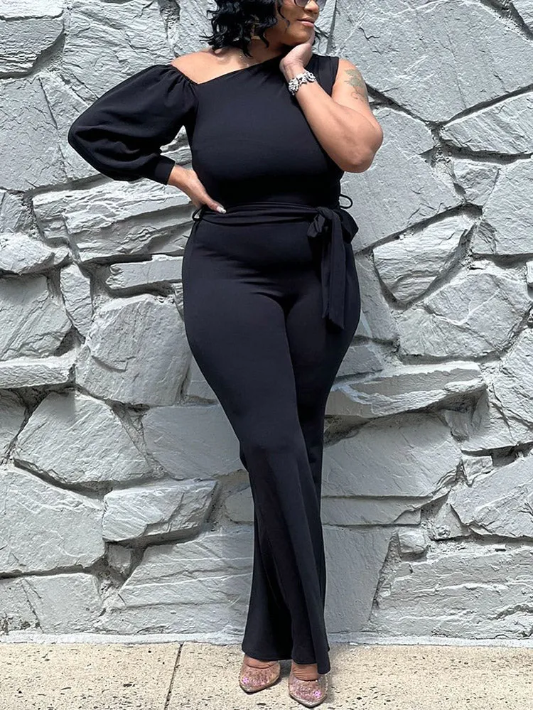 One Shoulder Belted Jumpsuit