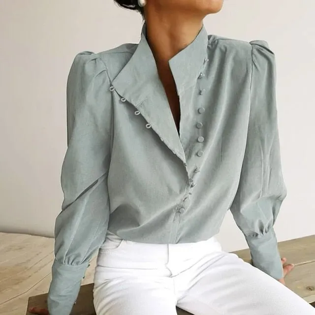 OOTN Elegant Poly Blend Long Sleeve Puff Shoulder Button Down Shirt