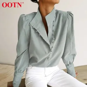OOTN Elegant Poly Blend Long Sleeve Puff Shoulder Button Down Shirt