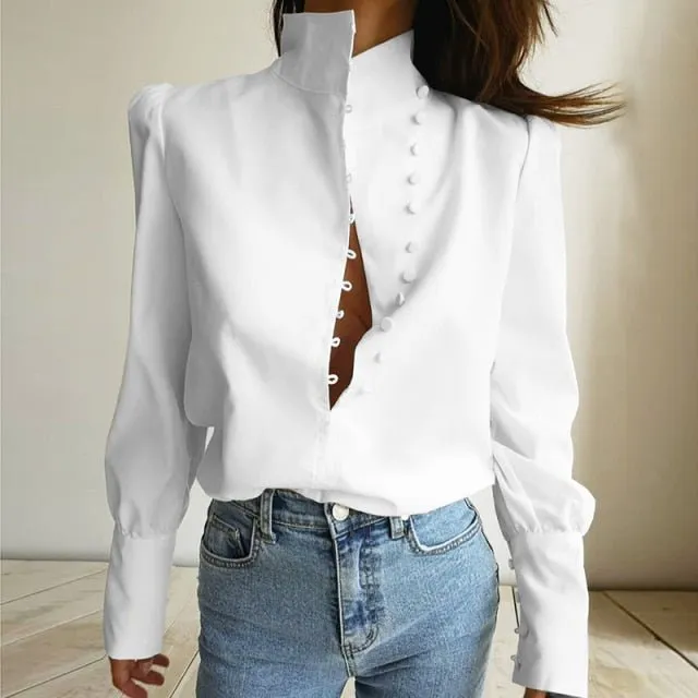 OOTN Elegant Poly Blend Long Sleeve Puff Shoulder Button Down Shirt