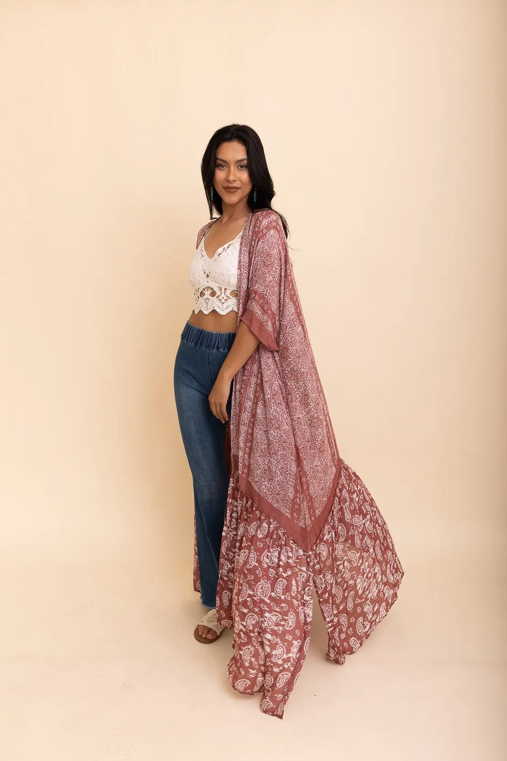 Paisley Longline Kimono Boho Women Cardigan w/ Tassel Open Front Hippie OS XL 