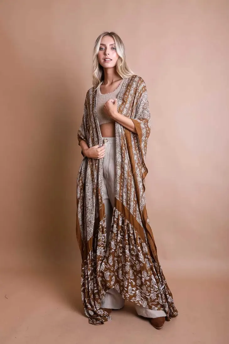 Paisley Longline Kimono Boho Women Cardigan w/ Tassel Open Front Hippie OS XL 