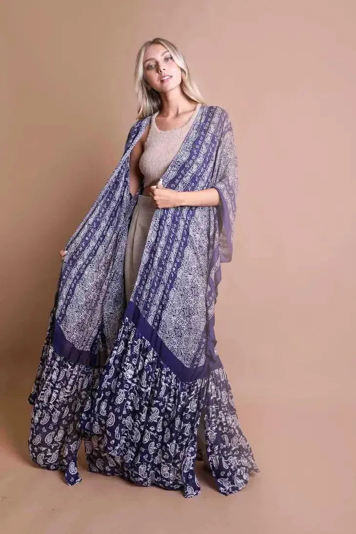 Paisley Longline Kimono Boho Women Cardigan w/ Tassel Open Front Hippie OS XL 