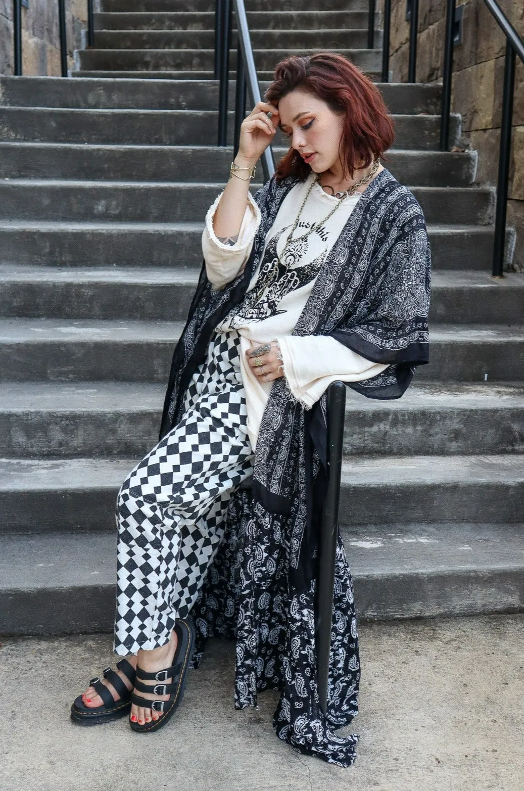 Paisley Longline Kimono Boho Women Cardigan w/ Tassel Open Front Hippie OS XL 