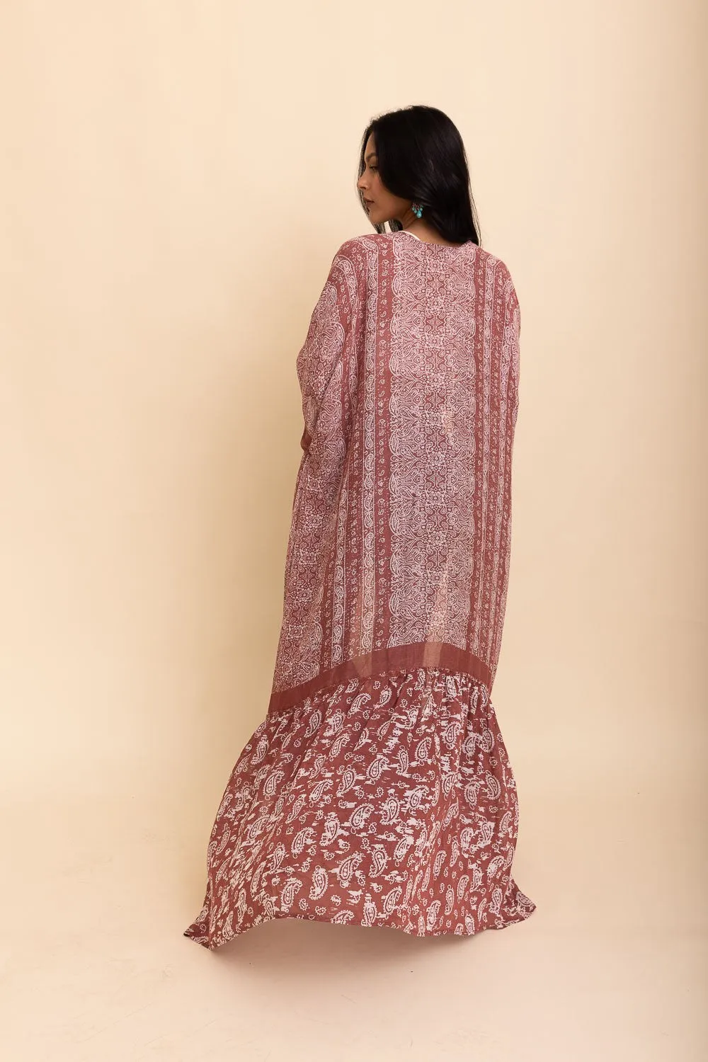 Paisley Longline Kimono Boho Women Cardigan w/ Tassel Open Front Hippie OS XL 