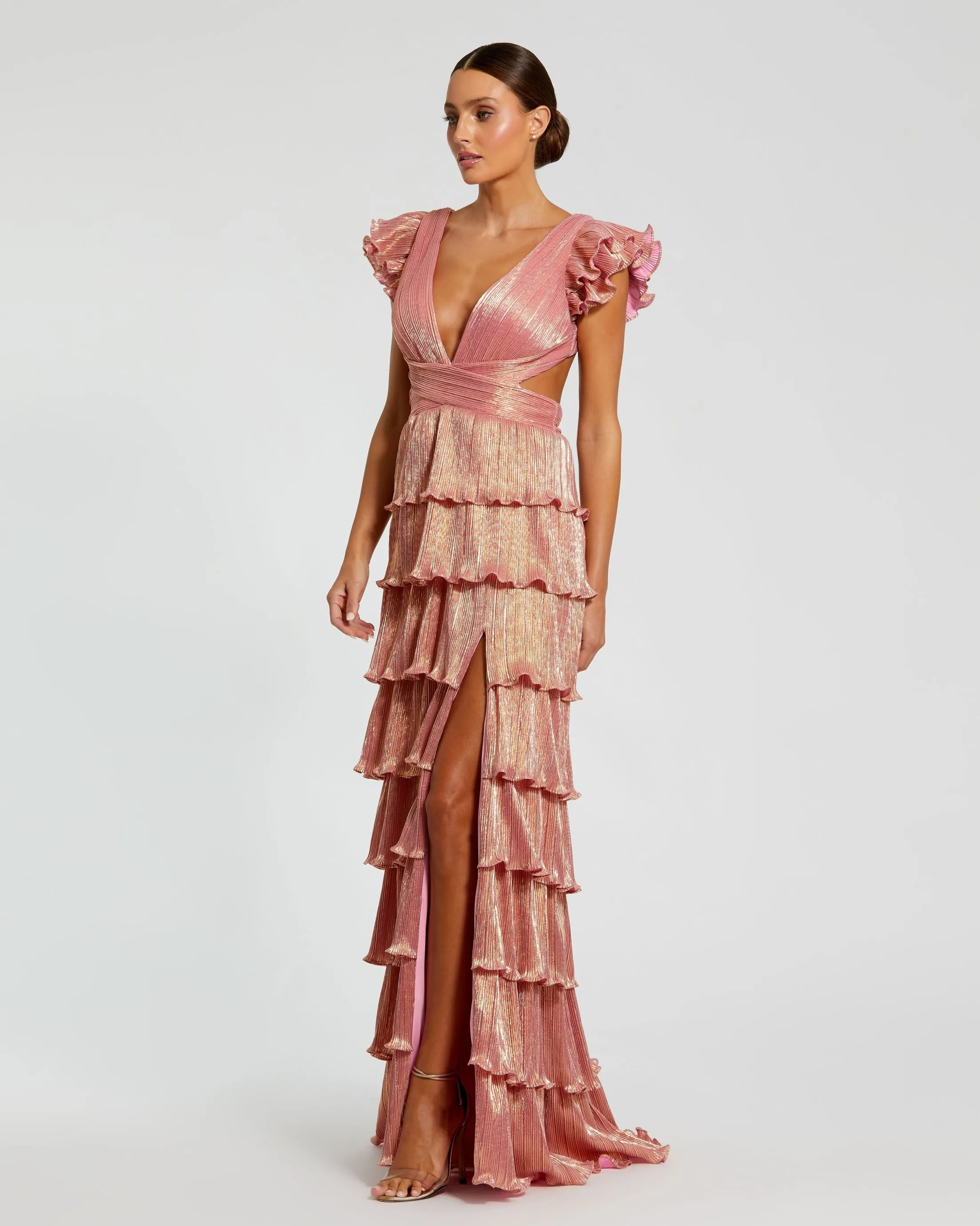 Pink Ruffle Tiered Criss Cross Lace Up Gown