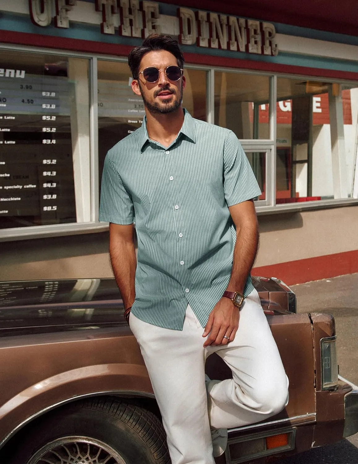 PJ PAUL JONES Mens Regular Fit Striped Dress Shirt Short Sleeve Button Down Shirts