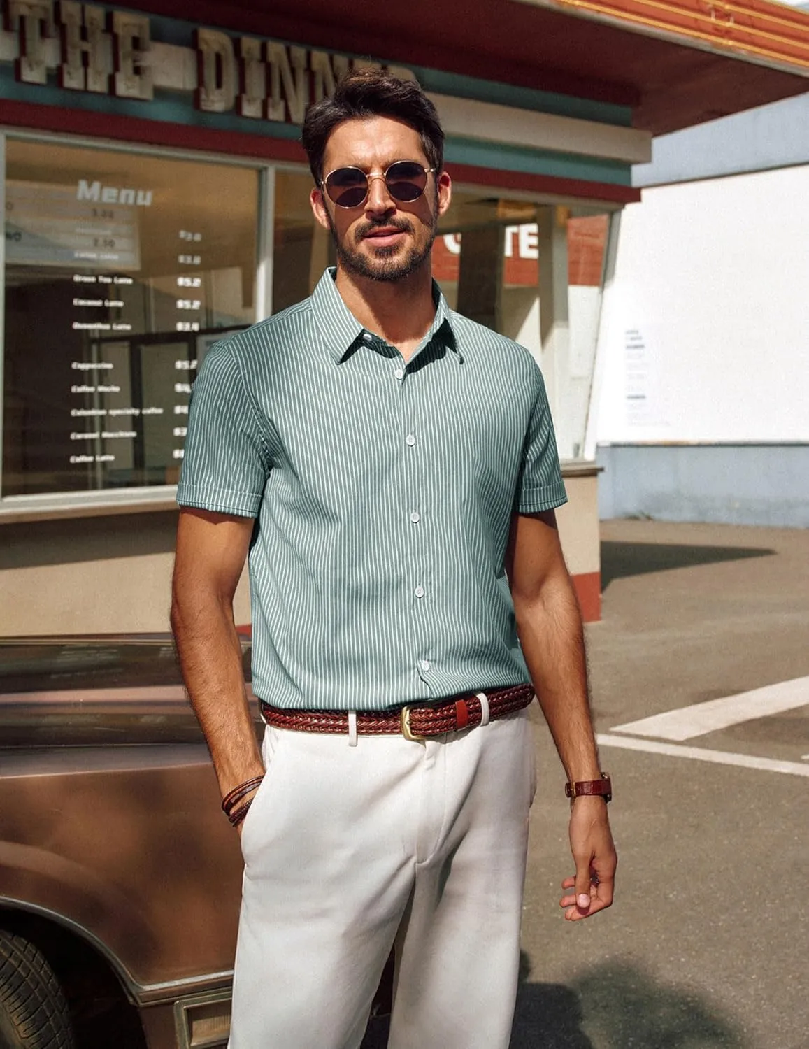 PJ PAUL JONES Mens Regular Fit Striped Dress Shirt Short Sleeve Button Down Shirts