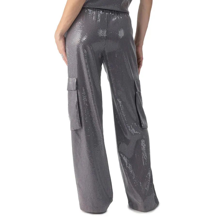 Pull On Sequin Cargo Pant - Gunmetal