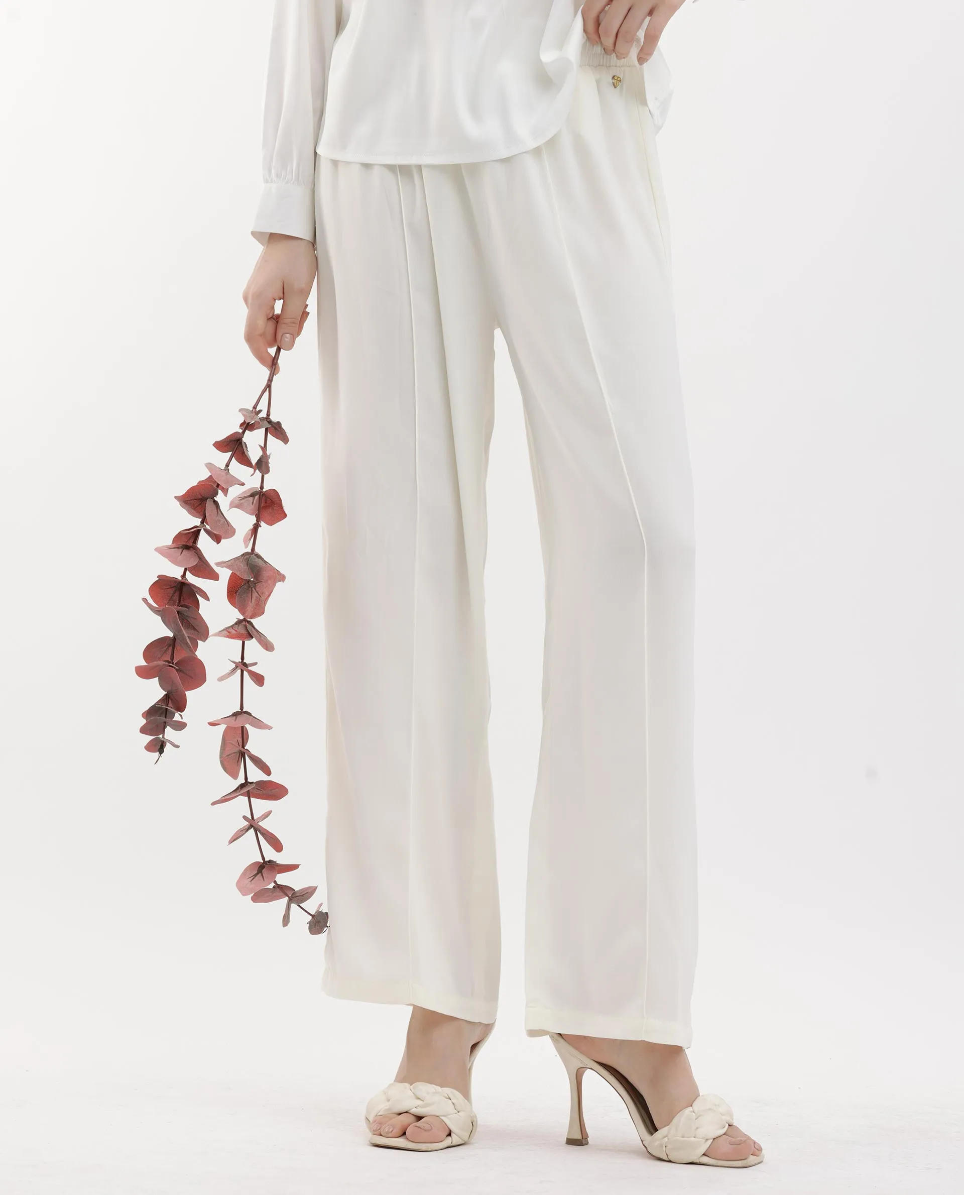 Rareism Women Haz Light Off White Polyester Fabric Wide Leg Fit Plain Ankle Length Trousers