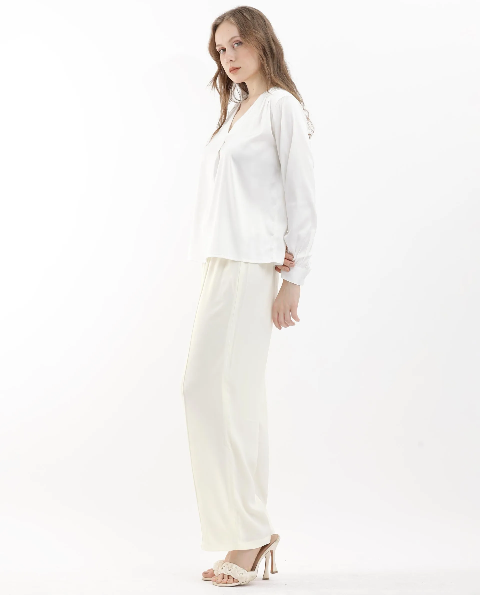 Rareism Women Haz Light Off White Polyester Fabric Wide Leg Fit Plain Ankle Length Trousers