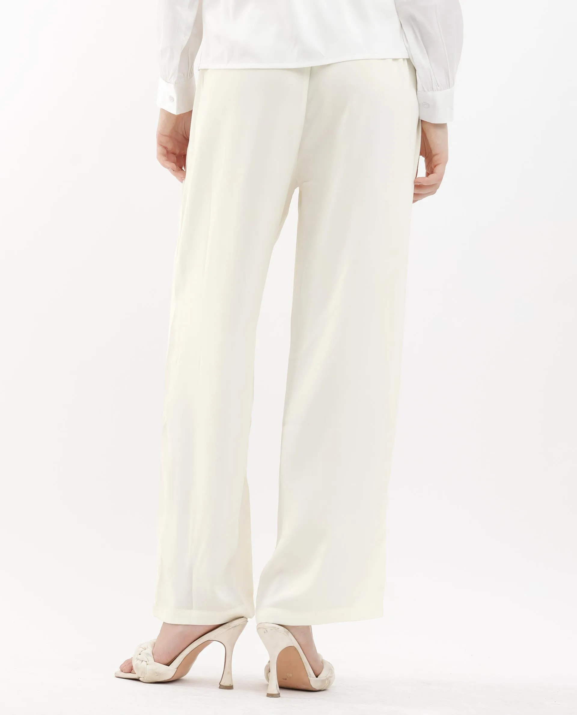 Rareism Women Haz Light Off White Polyester Fabric Wide Leg Fit Plain Ankle Length Trousers