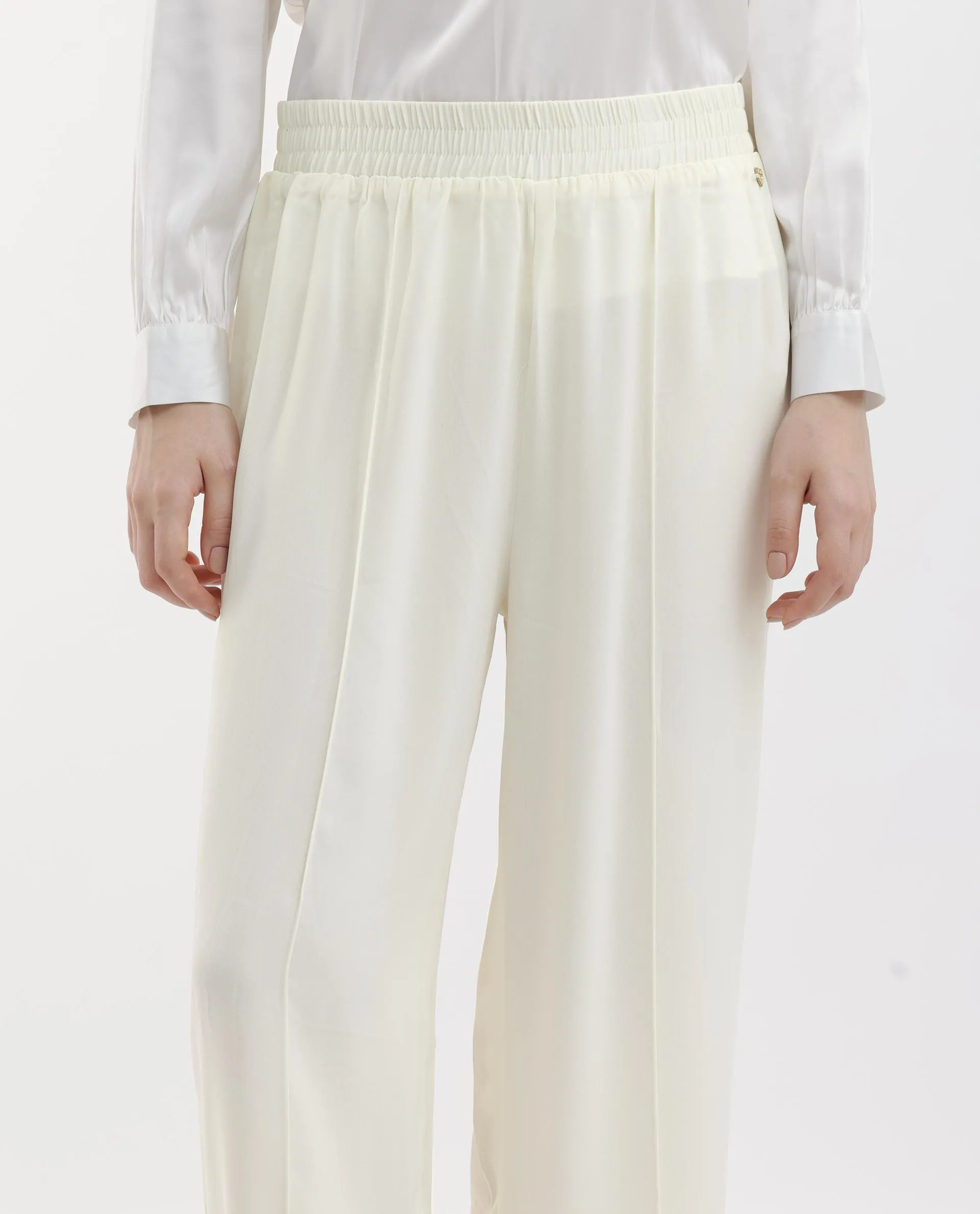 Rareism Women Haz Light Off White Polyester Fabric Wide Leg Fit Plain Ankle Length Trousers