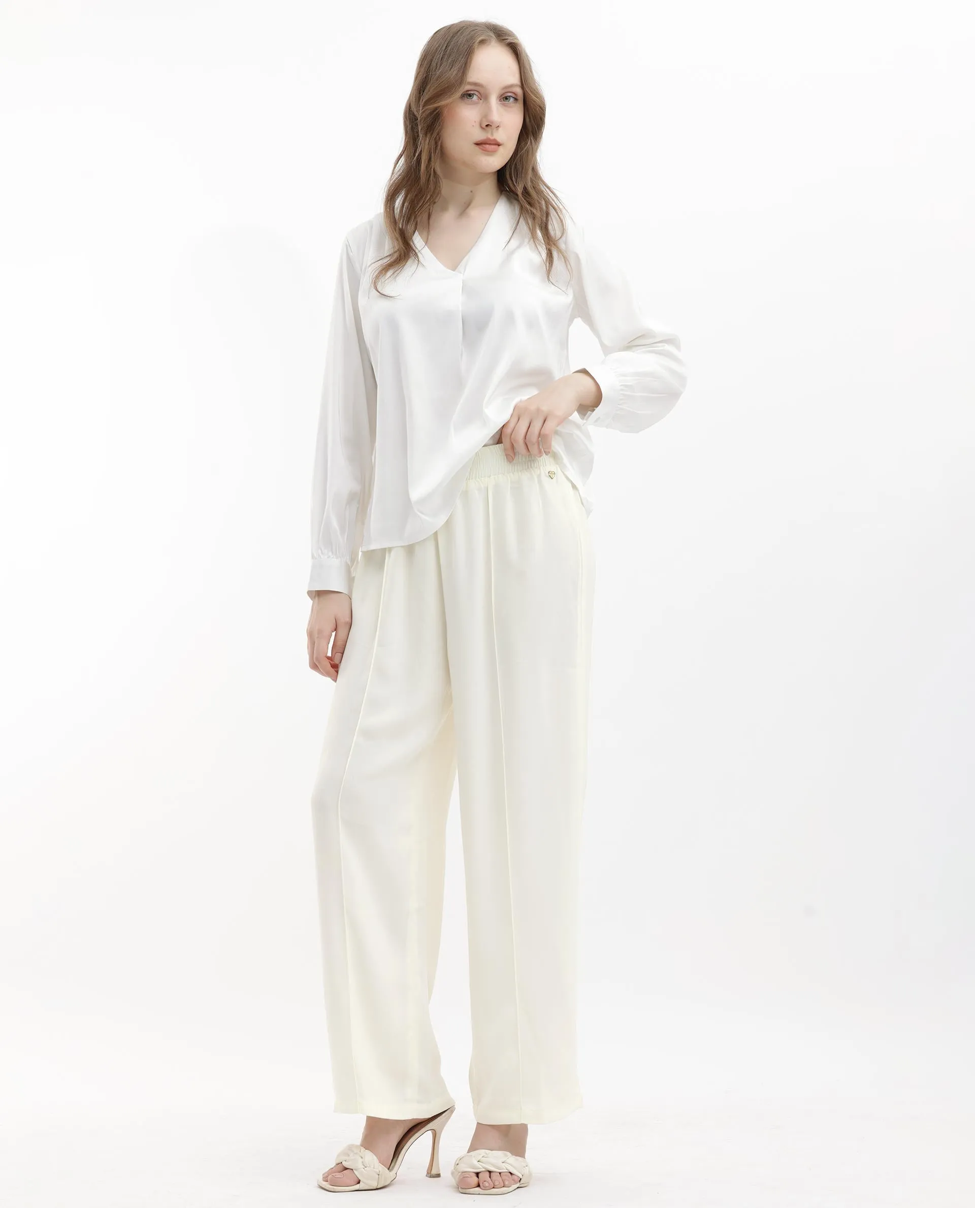 Rareism Women Haz Light Off White Polyester Fabric Wide Leg Fit Plain Ankle Length Trousers