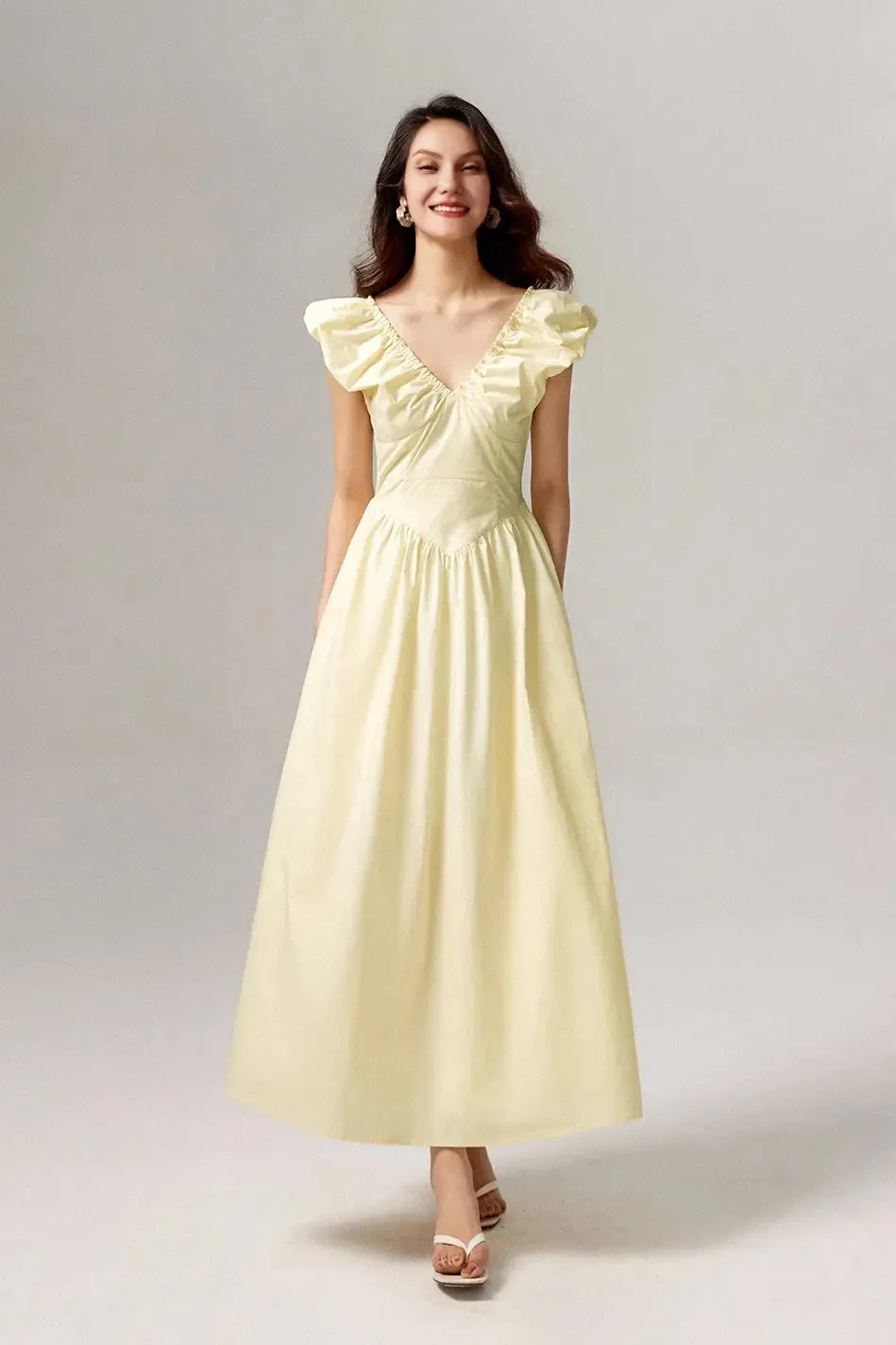 Ruffled V-Neck Open-Back Boho Maxi Dress