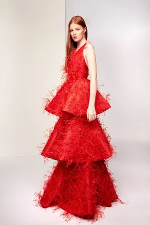 Sleeveless Ruffled A-line Dress with Feathers